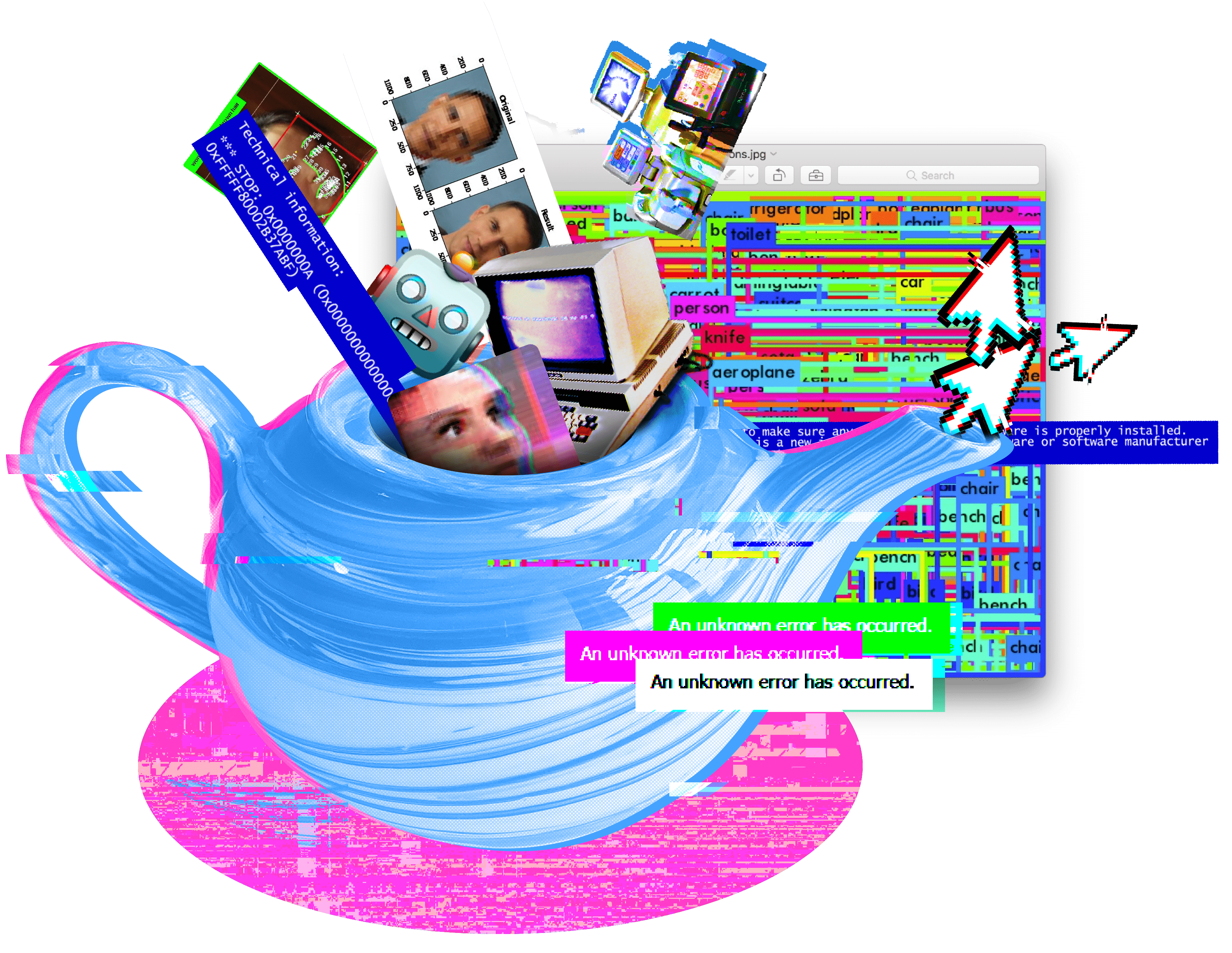 The colorful image shows a digitally drawn light blue teapot with glitches, on a pink background. It too is glitched and reminiscent of code text. Across the teapot, "An unknown error has occurred." is written several times. Various images are dropping into the teapot: including an image of Microsoft's chatbot Tay, a 3D image of a computer, the robot emoticon, and an image of a facial recognition system. Digital pixelated mouse arrows come out of the neck of the teapot. In the background is a computer window showing, superimposed a hundred times, the typical outlines of algorithmic recognition systems, each with a text label indicating what the system has recognized.