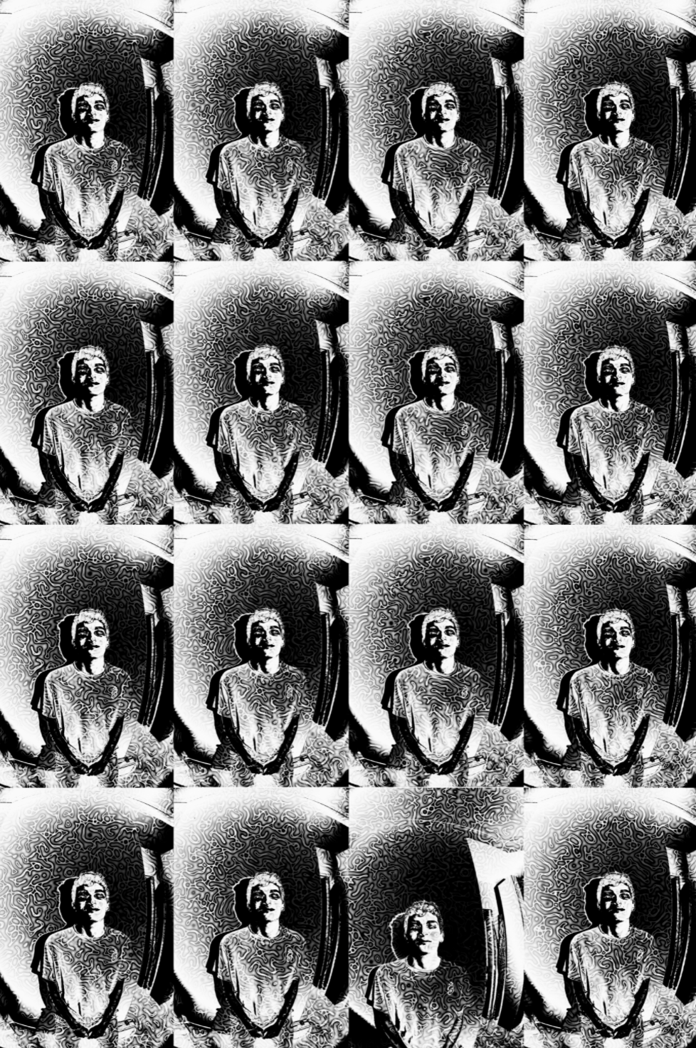 In the photo there is a 16-times version of the same image; an artistically processed image of a smiling person with closed eyes in black and white, whose photo has been heavily processed. The photo is marbled with many small looped lines.