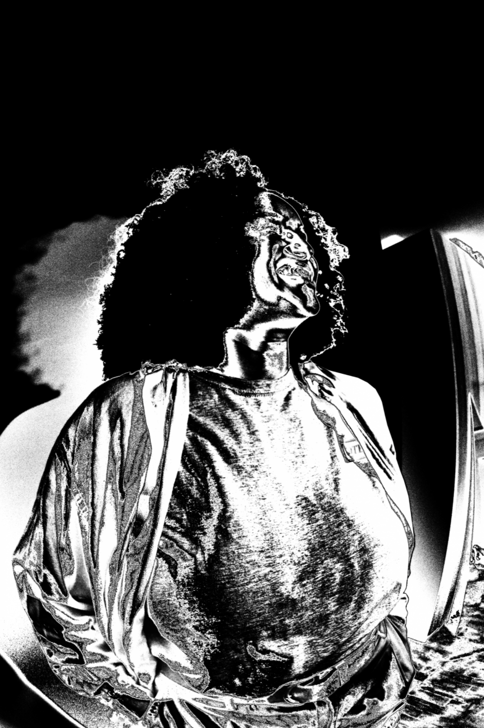 The photo shows an artistically edited representation of a person in black and white, whose photo has been heavily edited so that one cannot make out the face. The person wears shoulder-length afro hair and looks to the side. The background is noisy and an artificial shadow has been added.